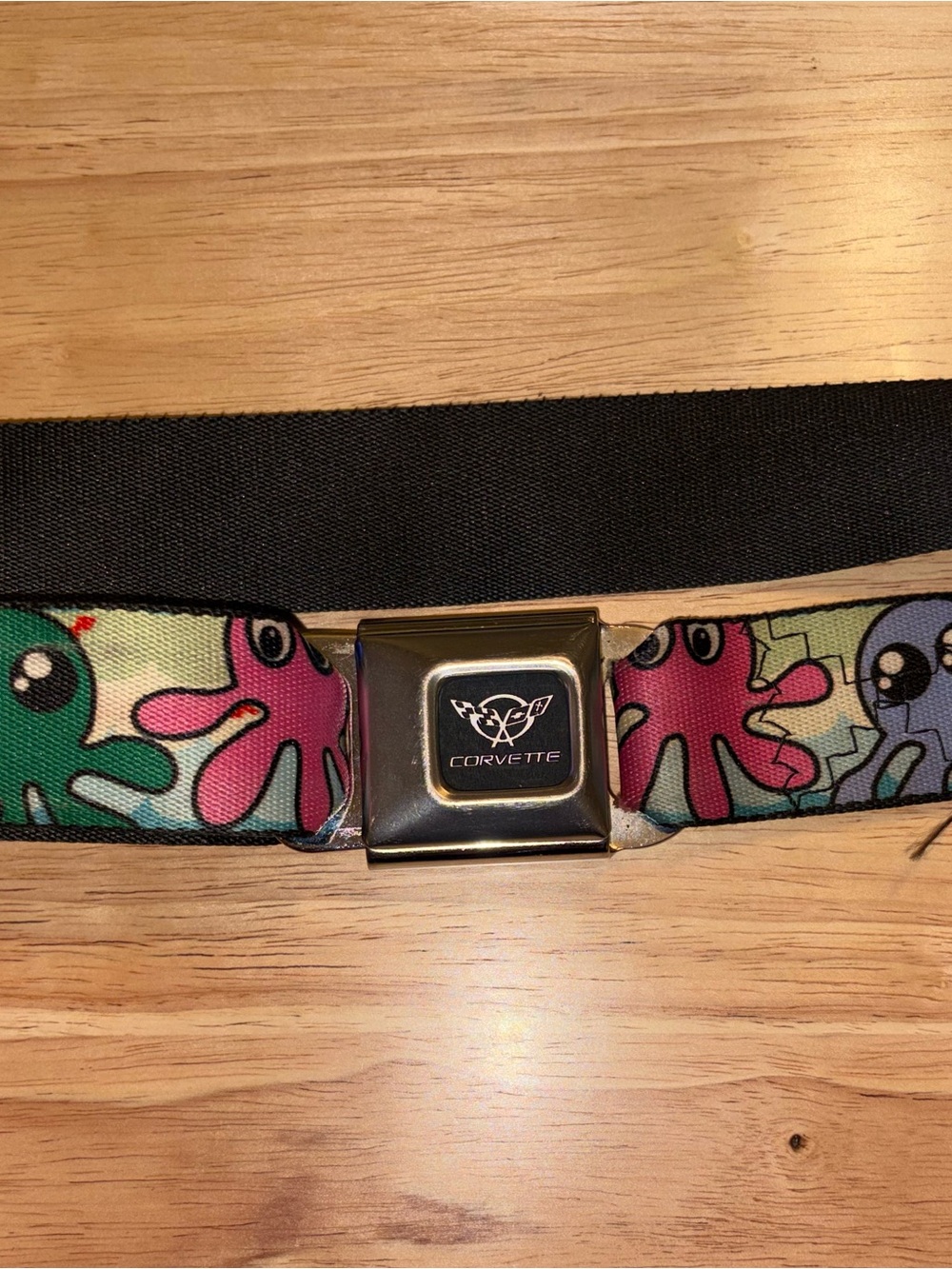 Y2K Buckle-Down Multi Color Octopus Print Belt with Corvette Seat Belt Buckle
